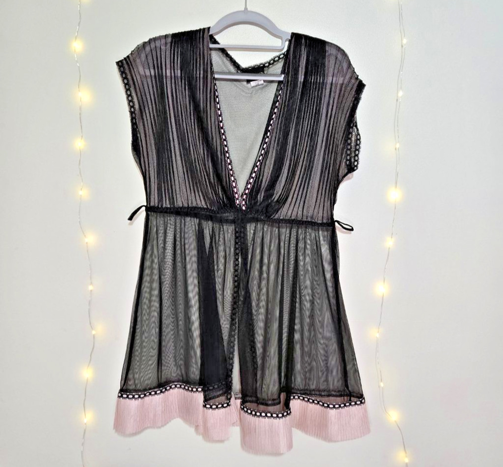 SEDUCTIVEWEAR by Cinema Etoile Sheer Black Mesh Babydoll Pink Ruffle Lingerie L